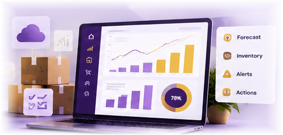 Forecasting, inventory and decision intelligence dashboard illustration