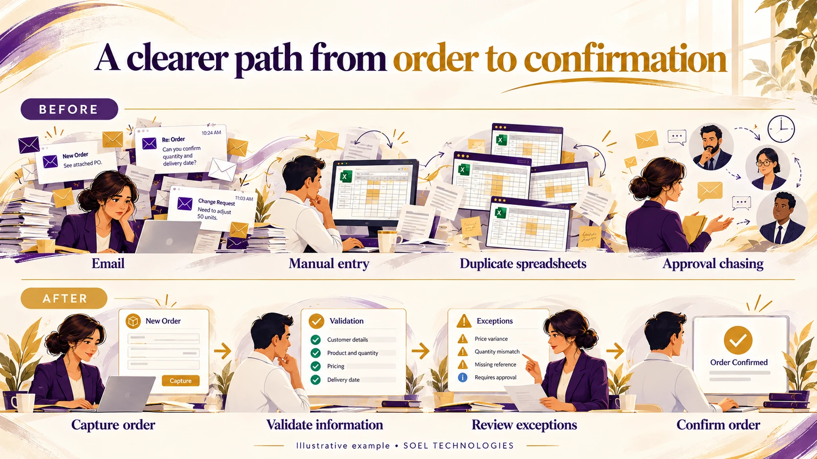 A clearer order-to-confirmation workflow before and after automation
